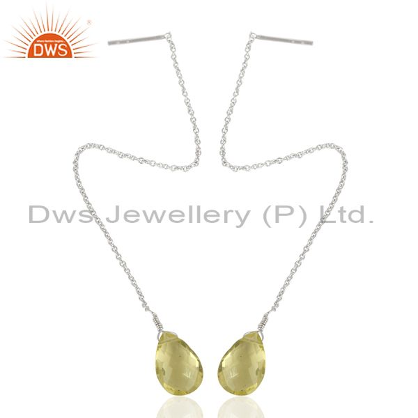 Exporter Lemon Topaz Dangle Sui Dhaga Pattern White Rhodium Wholesale Silver Earring