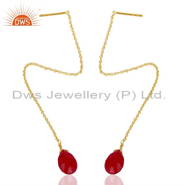 Exporter Red Ruby Gemstone 925 Silver Gold Plated Chain Earrings Manufacturer