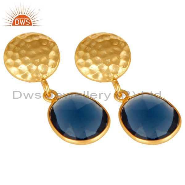 Exporter 14K Yellow Gold Plated Sterling Silver Blue Corundum Bezel Set Dangle Earrings