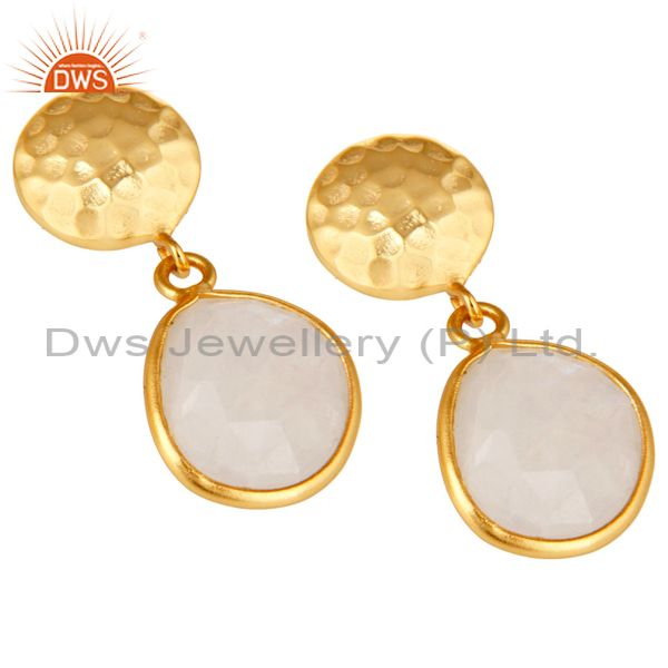 Exporter 22K Yellow Gold Plated Sterling Silver Rainbow Moonstone Bezel Set Earrings