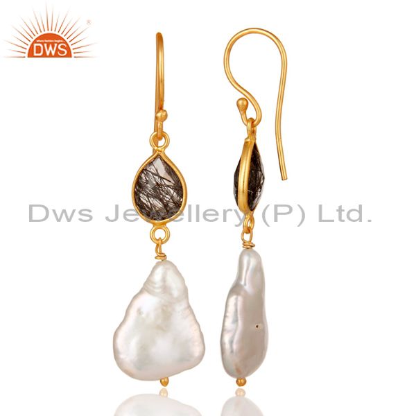 Exporter 22K Yellow Gold Plated Sterling Silver Black Rutile And Pearl Drop Earrings