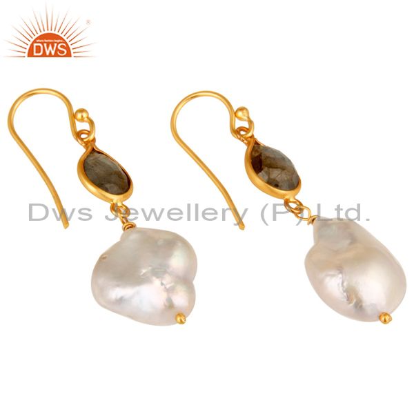 Exporter 22K Yellow Gold Plated Sterling Silver Labradorite And Pearl Drop Earrings