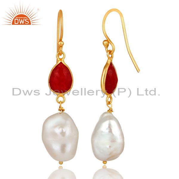 Exporter 18K Yellow Gold Plated Sterling Silver Red Aventurine And Pearl Dangle Earrings