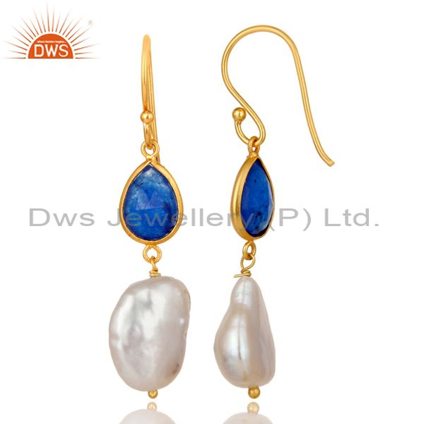 Exporter 18K Yellow Gold Plated Sterling Silver Blue Aventurine And Pearl Dangle Earrings