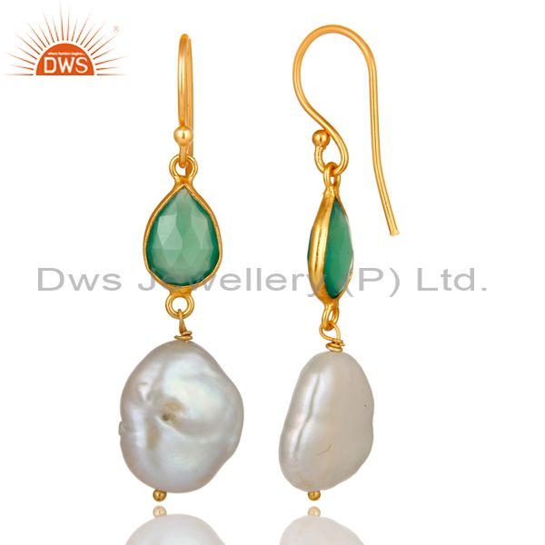 Exporter 18K Yellow Gold Plated Sterling Silver Green Onyx And Pearl Dangle Earring