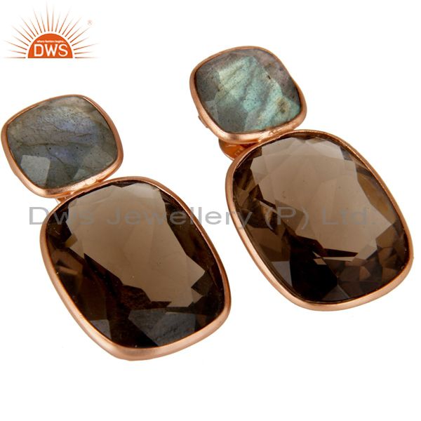 Exporter 14K Rose Gold Plated Sterling Silver Labradorite And Smoky Quartz Earrings