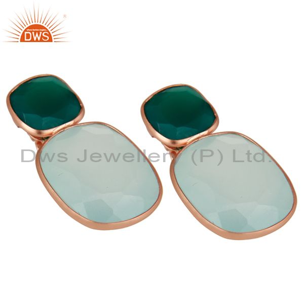 Exporter 18K Rose Gold Plated Sterling Silver Green Onyx And Chalcedony Dangle Earrings