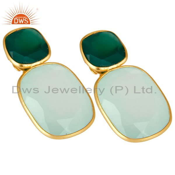 Exporter 18K Yellow Gold Plated Sterling Silver Green Onyx And Chalcedony Dangle Earrings