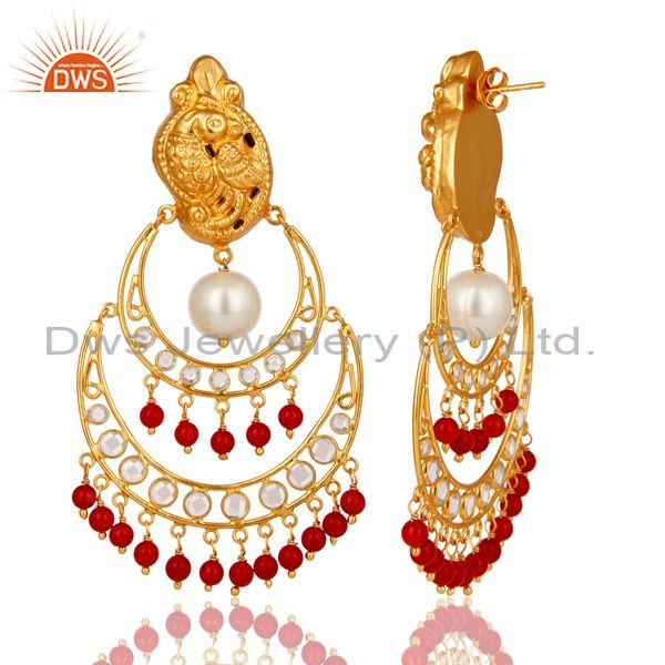 Exporter White Pearl, Coral and CZ 18K Gold Plated Sterling Silver Temple Earring Stud