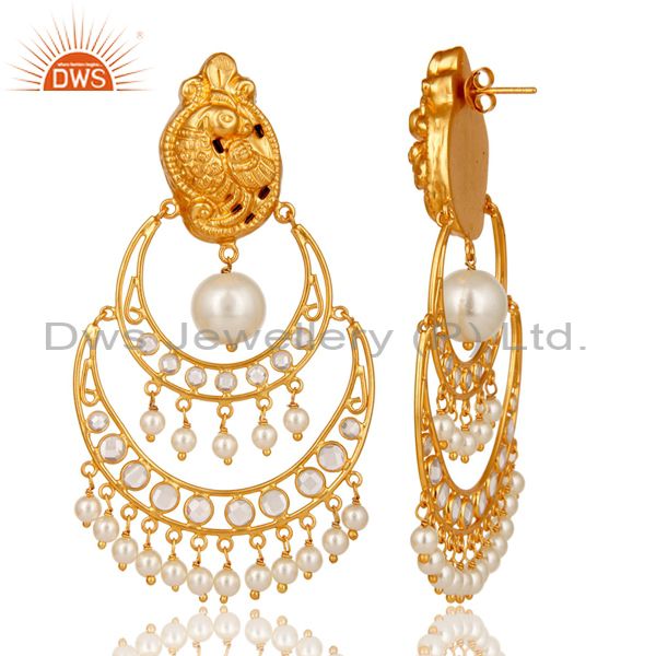 Exporter White Pearl and CZ 18K Gold Plated Sterling Silver Temple Earring Stud