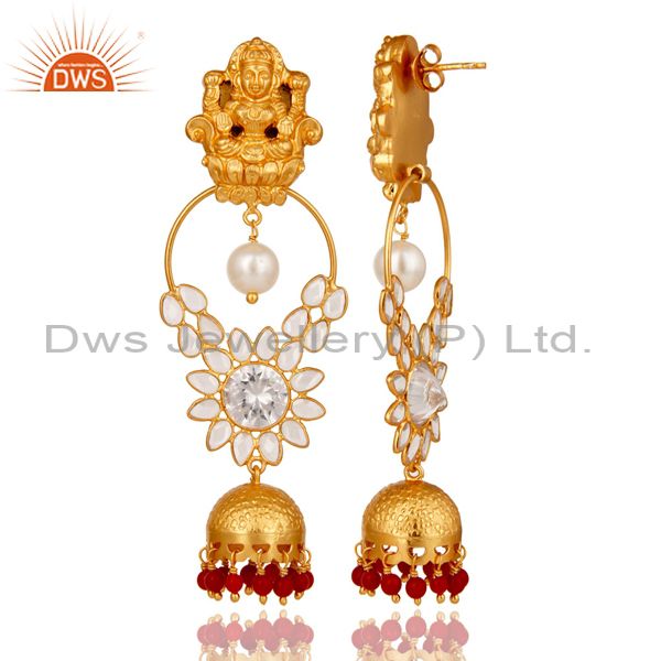 Exporter 18K Gold Plated Sterling Silver Coral, Pearl and CZ Earring Temple Jewelry