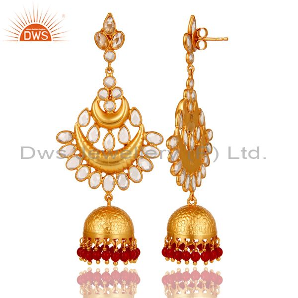 Exporter Coral and Zircon 18K Gold Plated Sterling Silver Jhumka Earring