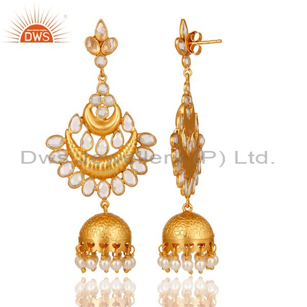 Exporter White Pearl and Cubic Zircon 18K Gold Plated Sterling Silver Jhumki Earring