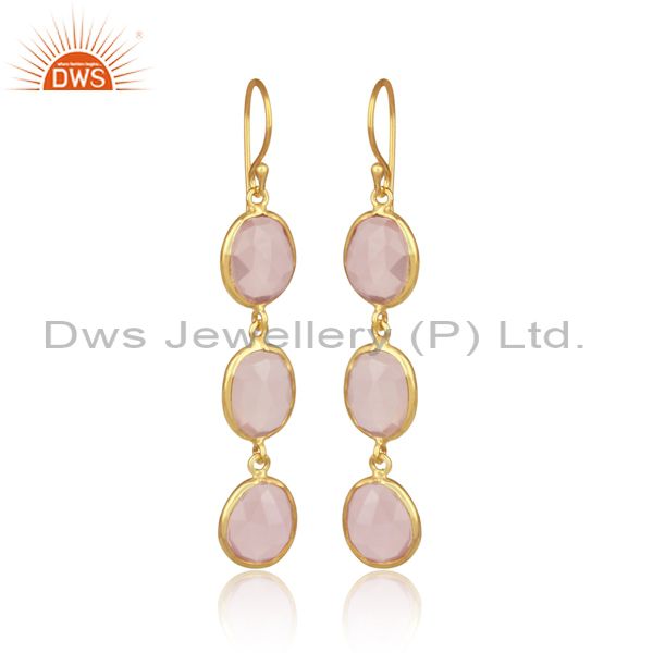 Handcrafted yellow gold on silver long dangle with rose quartz