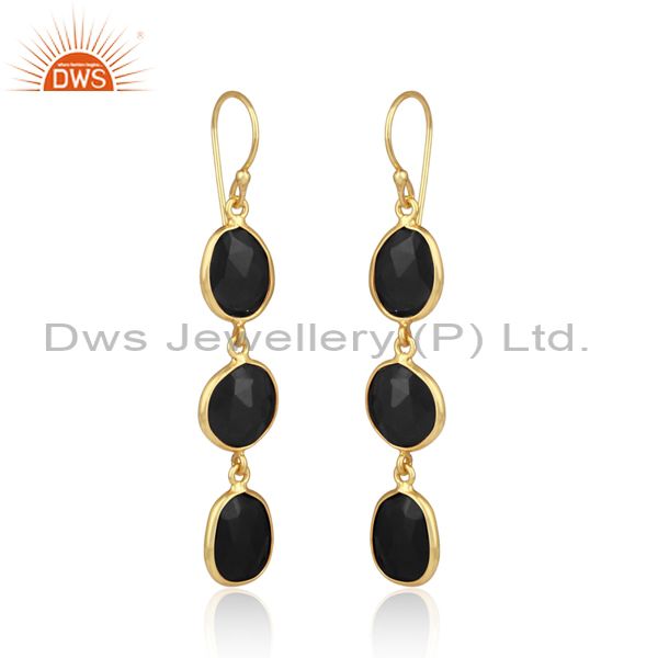 Black Onyx Set Gold On 925 Silver Long Drop Fancy Earrings