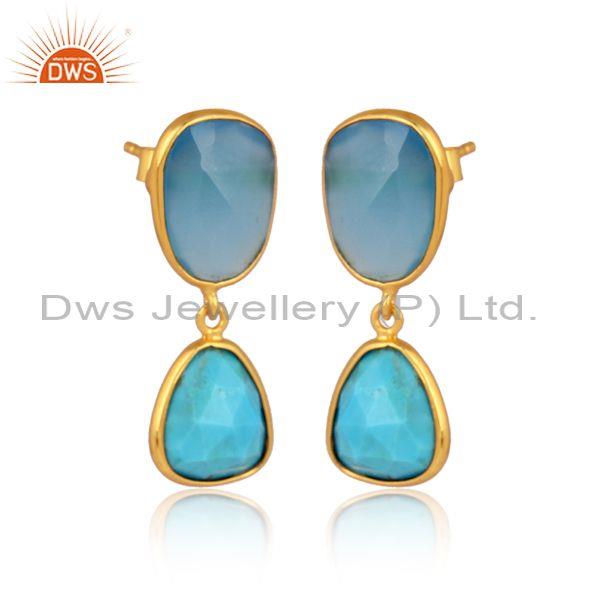 Blue Chalcedony And Turquoise Set Gold On Silver Earrings