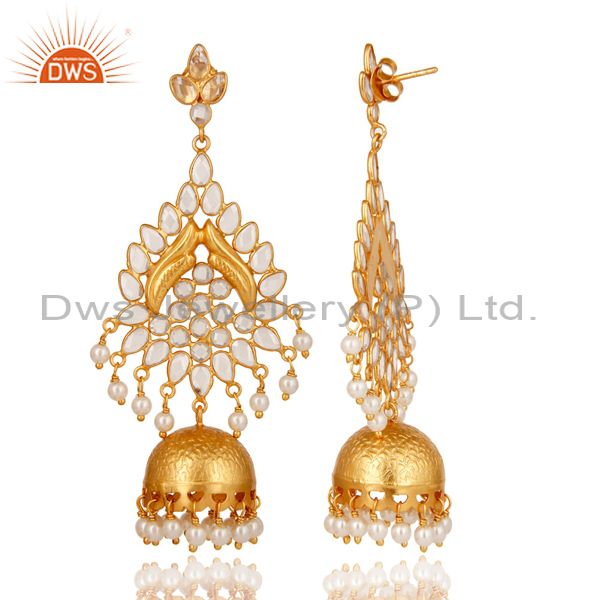 Exporter Pearl and White Zircon 18K Gold Plated Sterling Silver Jhumka Earring