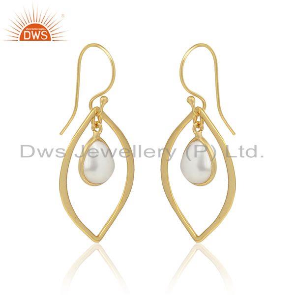 Handmade minimal yellow gold on silver earring with dangle pearl