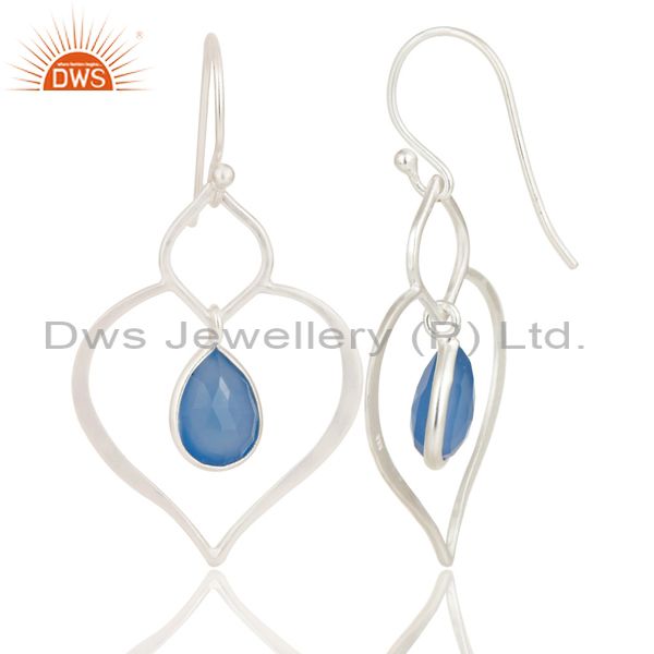 Exporter Art Deco Blue Chalcedony Solid 925 Sterling Silver Heart Shape Earrings