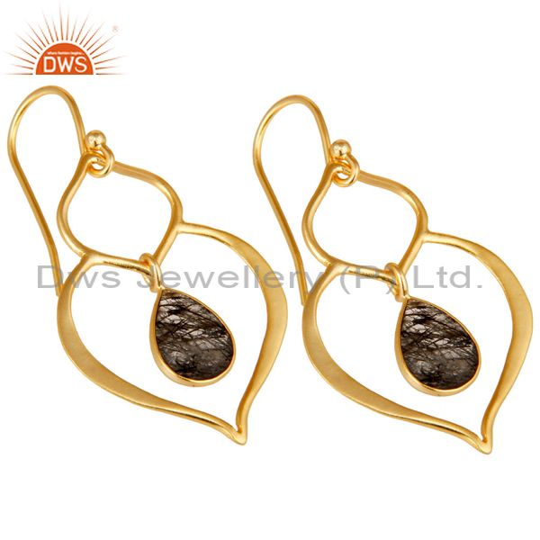 Exporter Art Deco Black Rutile 18K Gold Plated Sterling Silver Heart Shape Earring