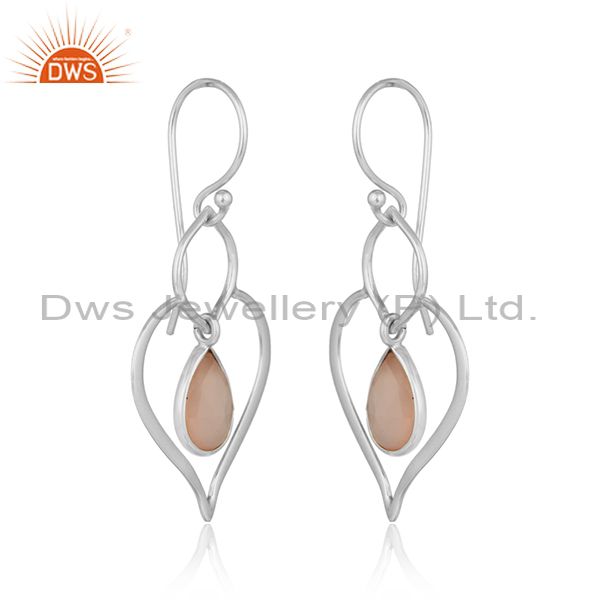 Designer heart dangle earring in solid silver with rose chalcedony