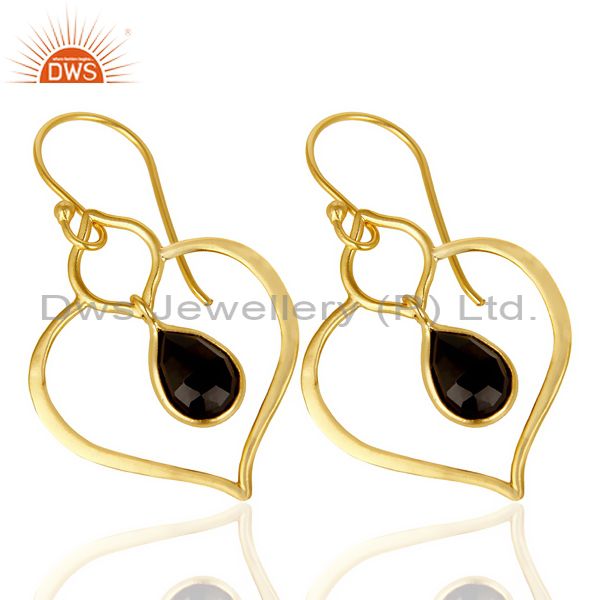 Exporter Black Onyx Dangle Heart Hoop 14K Gold Plated 92.5 sterling Silver Earring