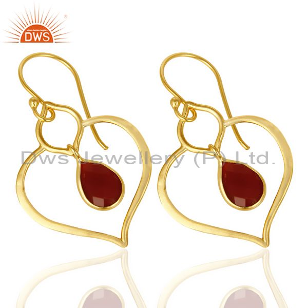 Exporter Red Onyx Dangle Heart Hoop 14K Gold Plated 92.5 sterling Silver Earring