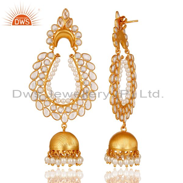Exporter Pearl and Zircon 18K Gold Plated Sterling Silver Jhumka Earring