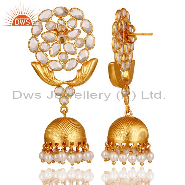Exporter Zircon and Pearl 18K Gold Plated Sterling Silver Traditional Jhumka Earring