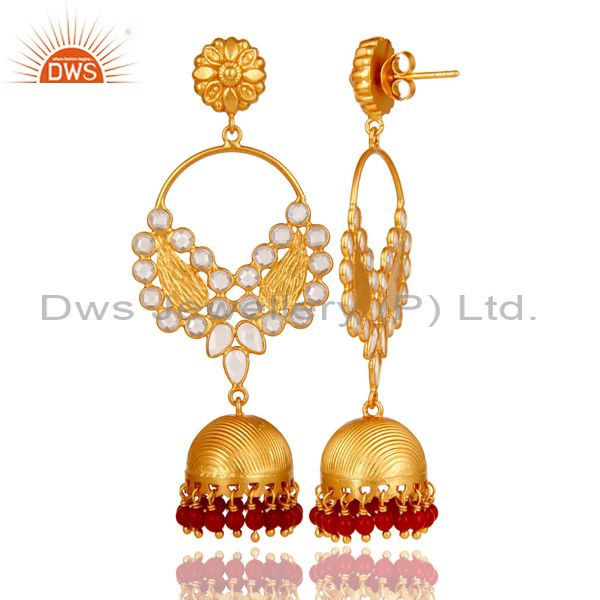 Exporter Coral Cultured and CZ 18K Gold Plated Sterling Silver Jhumka Traditional Earring