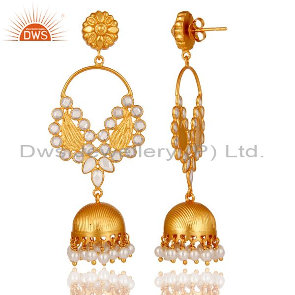 Exporter Pearl and CZ 18K Gold Plated Sterling Silver Jhumka Traditional Earring