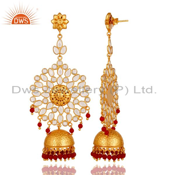 Exporter Zircon and Coral 18K Gold Plated Sterling Silver Traditional Jhumka Earring