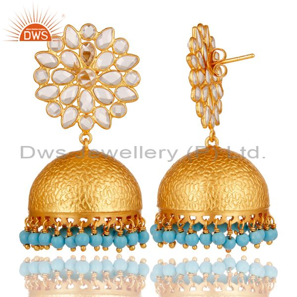 Exporter Turquoise and CZ 18K Gold Plated Sterling Silver Traditional Earring Jhumka