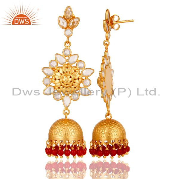 Exporter Coral and CZ Sterling Silver 18K Gold Plated Jhumka Earring