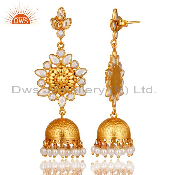 Exporter Pearl and CZ Sterling Silver 18K Gold Plated Jhumka Earring