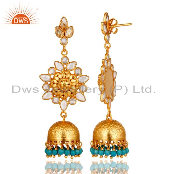 Exporter Turquoise and CZ Sterling Silver 18K Gold Plated Jhumka Earring