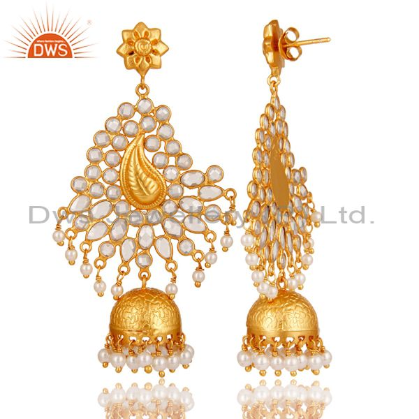 Exporter Pearl and CZ Sterling Silver 18K Gold Plated Earring Traditional Jhumka