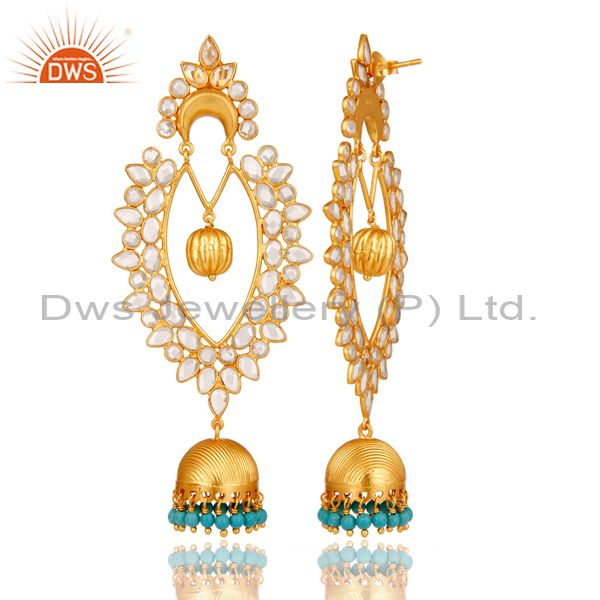 Exporter 18K Gold Plated Sterling Silver Turquoise & White Zirconia Jhumka Earrings