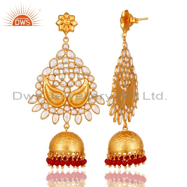 Exporter 18K Gold Plated 925 Sterling Silver Coral CZ Jhumka Traditional Earring Jewelry