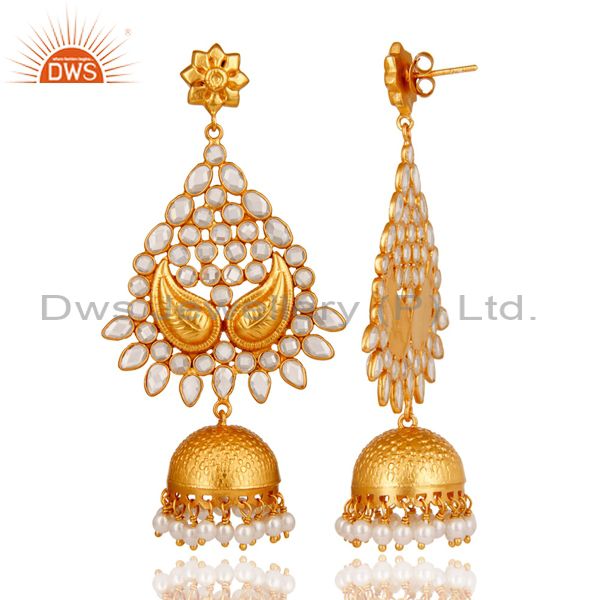 Exporter 18K Gold Plated Sterling Silver and Pearl, CZ Jhumka Earring