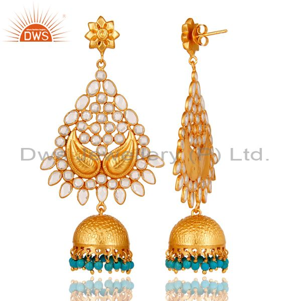 Exporter 18K Gold Plated Sterling Silver and Turquoise, CZ Jhumka Earring