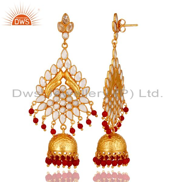 Exporter 18K Gold Plated Coral and CZ Sterling Silver Traditional Earring