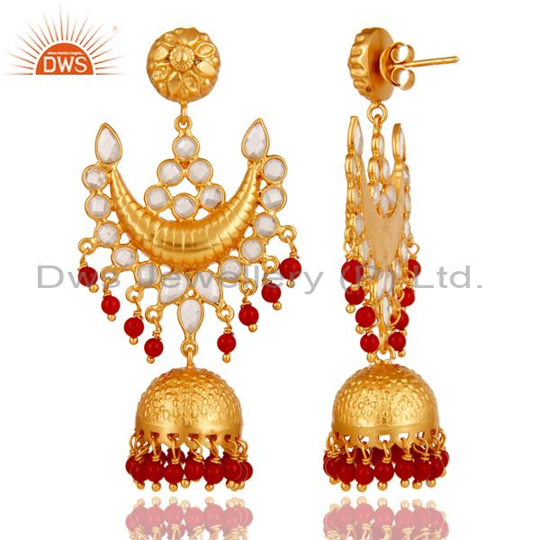 Exporter 18K Gold Plated Coral and Zircon Sterling Silver Traditional Jhumka Earring