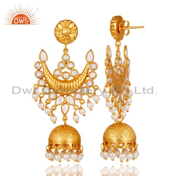 Exporter 18K Gold Plated Pearl and Zircon Sterling Silver Traditional Jhumka Earring