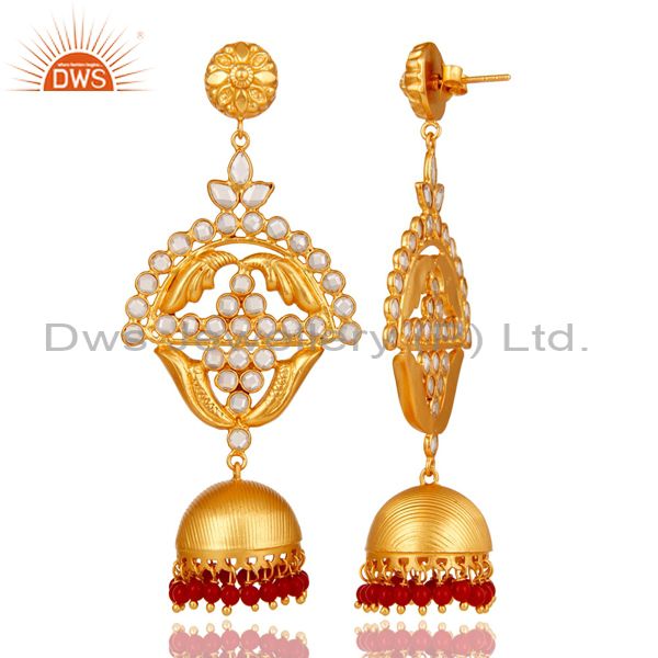 Exporter Coral and Zircon 18K Gold Plated Jhumka Traditional Earring