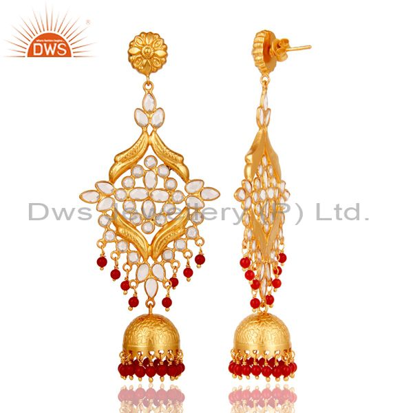 Exporter CZ and Coral Traditional Jhumka Earring 18K Gold Plated 925 Silver