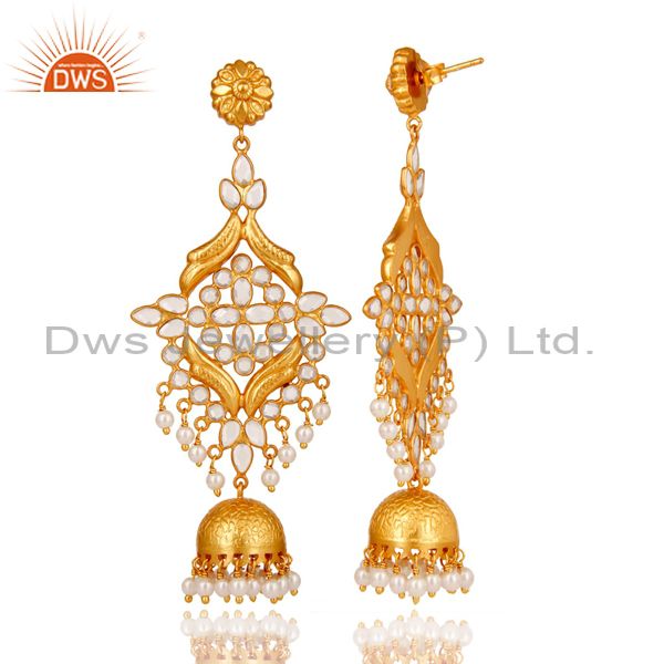 Exporter 18K Gold Plated 925 Sterling Silver Pearl & White Zirconia Jhumka Earrings