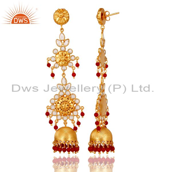 Exporter CZ and Coral Traditional Jhumka Earring 18K Gold Plated Sterling Silver