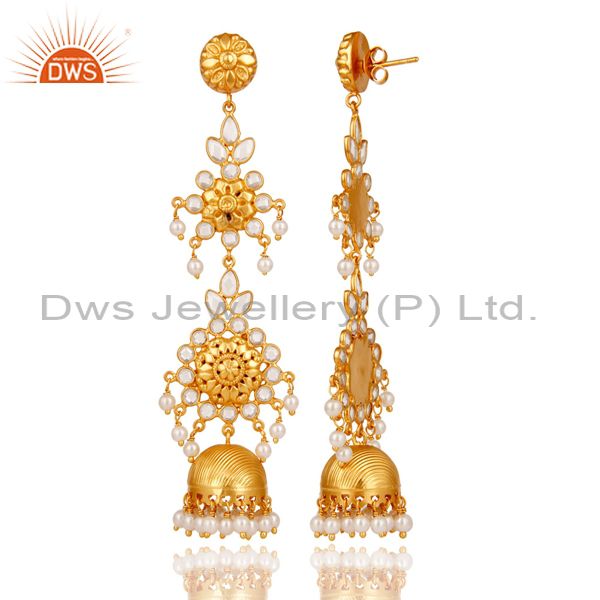Exporter Pearl & White Zircon Traditional Jhumka Earrings 18K Gold Plated Sterling Silver