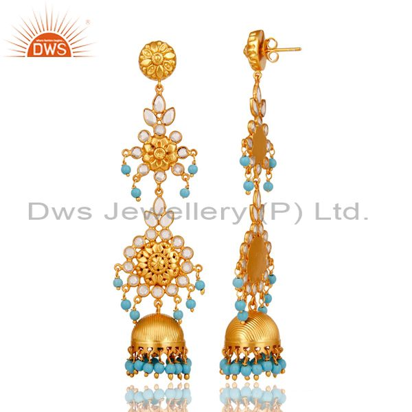 Exporter 18K Gold Plated 925 Sterling Silver Turquoise Zircon Jhumka Earrings Jewelry